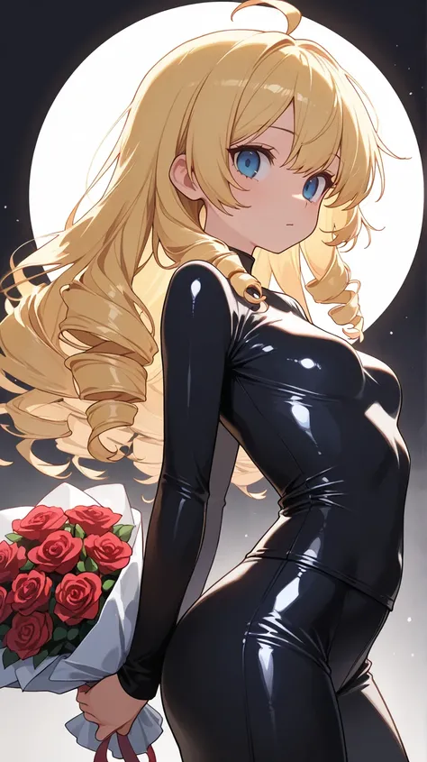 (score_9, score_8_up, score_7_up), ultra-detailed, detailed face, upper body shot, (looking at viewer), 
Solo, a girl, blonde, long hair, drill hair, ahoge, blue eyes, slant eyes, narrow eyes, small breasts, 

shiny clothes, black and maroon long sleeves s...