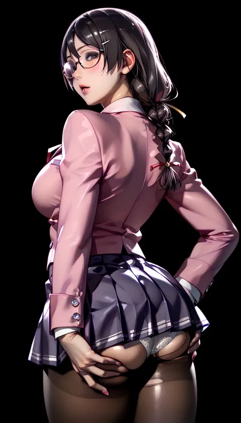 black hair、Braided hair、(((hanekawa tsubasa)))、glasses、(((pink school uniform、pink blazer、school skirt、mini skirt、black pantyhose)))、(pink lip)、blush、big thighs、(((plump))) 、covered erectile nipples、thick lip、side view、big thigh、standing、ripped and torn an...