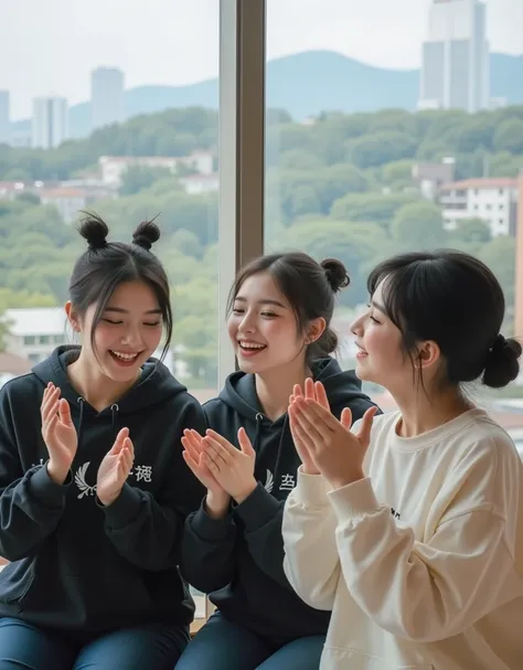 ( Super cute Korean female college students clap their hands and burst out laughing while watching the scenery:1.2)(Grinning,smile:1.2)( I'm happy:1.1)(16k,  RAW photos ,  top quality,  Masterpiece: 1.2),( cute bun hair with glossy black hair )  Super Deta...