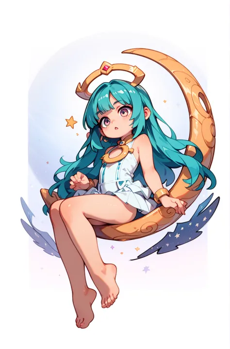  Masterpiece,  top quality,  amazing quality,   so aesthetic ,  high resolution,  Super Detail,   is ridiculous, Starry sky background、universe、Big Crescent Moon、 1 girl( very young、Sitting on the moon)、Turquoise Hair(Angel、 long、 straight hair)、barefoot