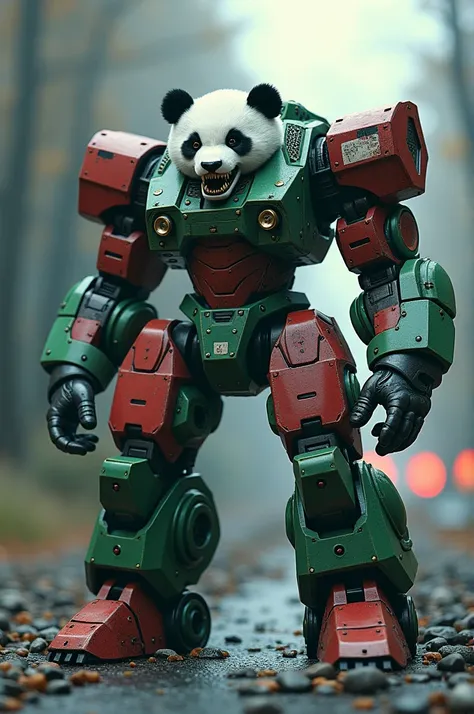  A muscular, turret-shaped mechanical robot with a cyber weapon theme .  A hybrid of realistic mythical creatures and Pandas .  This creature has a Panda-like face and head .  However has a mecha-like Green Lantern-like red and blue body skin. It barks wit...