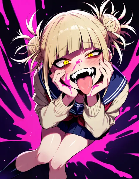 rim light, masterpiece, best quality, amazing quality, very aesthetic, high resolution, ultra-detailed, absurdres, newest, scenery, dark, 1girl, toga himiko, glowing yellow eyes, (blood on face, pink blood:1.2), crazy smile, shaded face, teeth, fangs, (ope...