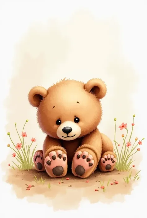 Baby brown bear painted with faded watercolors lying perspective on the belly and feet for a picture of a baby where you can put your feet