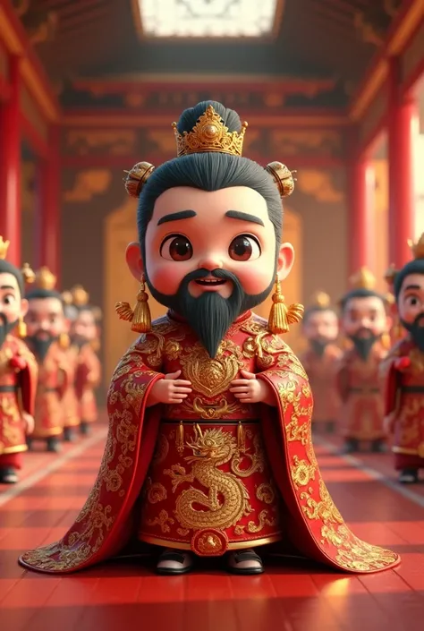 An ancient Chinese emperor in a grand palace, wearing an imperial red robe with golden dragon embroidery. He stands regally on a golden throne, surrounded by courtiers in traditional Chinese attire. The palace is adorned with intricate red and gold decorat...