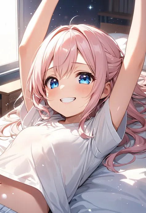 armpit ,arms raised in the air ,seductive grin smug ,crinkly eyes , bust up ,Bed, lying down, very beautiful face ,loli,Loose fit White T-shirt ,plain shirt,shorts,indoor, small breasts ,curvy, Shiny hair, light particles ,｛Elementary school students｝ ,lig...