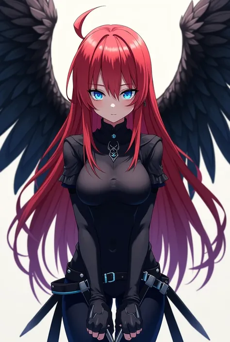 ( top quality,  best angle quality,  official art ,  whole body,  and aesthetics :1.2)  anime girl , Crow wings on the back,  blue eyes,  long red hair , Armadura preta, black shirt,  black pants,  holding two daggers .
