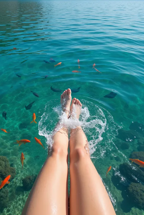  first-person perspective image of a bathing her legs and feet in a beautiful, expansive lake with crystal clear, translucent water, Water splashes everywhere with the movement of her legs , The lake is calm and without waves  , Is it possible to see the b...