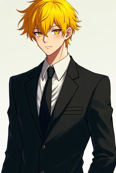 Boy. athlete. Yellow hair,  medium length hair,  yellow eyes. in a black suit  