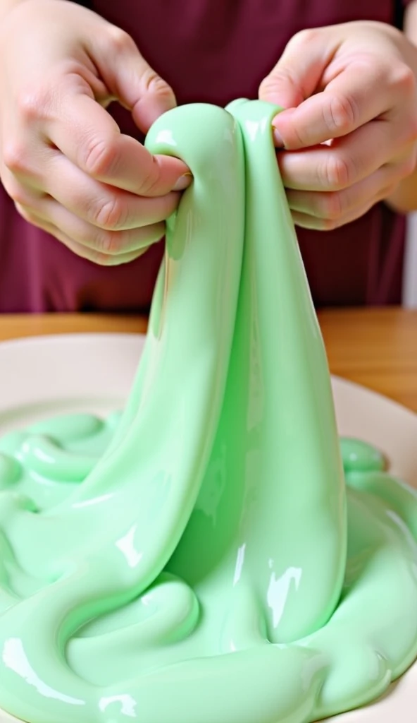 Pulling the slime apart with both hands to see how far it can stretch before breaking. This is one of the most common ways to play with slime.