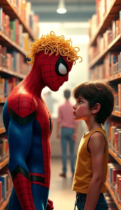 [A young girl angrily confronts Spider-Man, who has instant ramen noodles on his head, in a bookstore aisle; the scene is playful and slightly chaotic], [Digital painting, stylized realism], [Inspired by the art style of  Studio Ghibli and Marvel Comics], ...