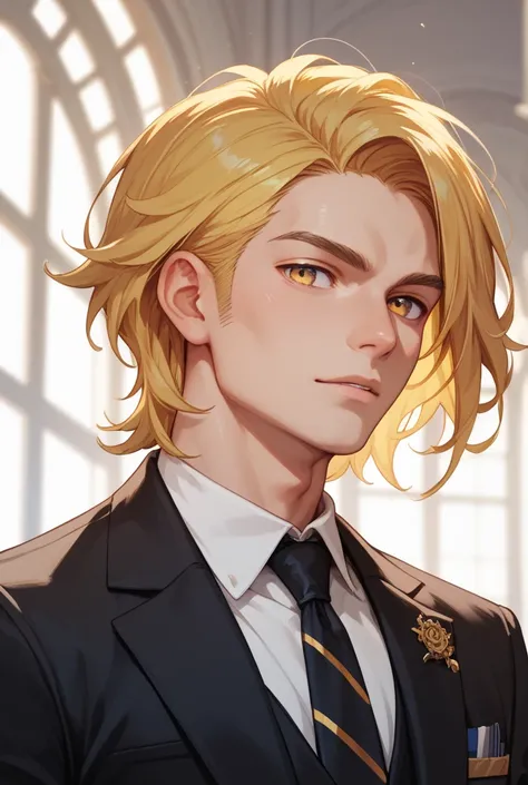 Boy. athlete. Yellow hair,  medium length hair,  yellow eyes. in a black suit  