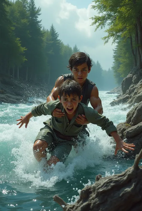 A boy being saved from the current of a river 