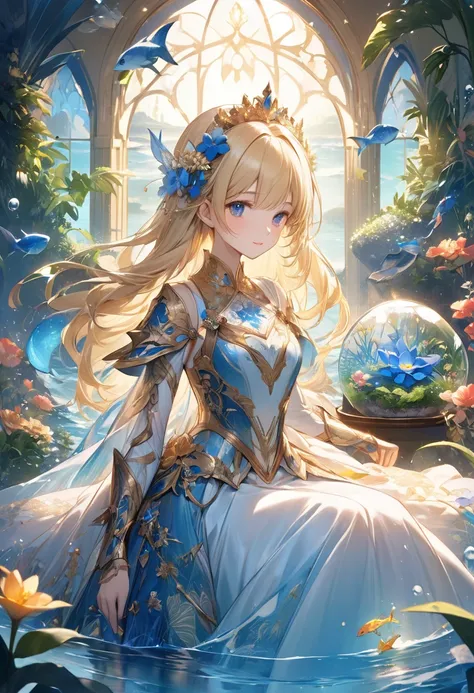  the long flowing blond young princess 、 and 。Inside it is surrounded by lush plants and flowers 、 with fantastic blue light in the air 。 depict a warm and charming worldview that combines realism and fantasy Yes {x} she is wearing an elaborate fantasy sty...