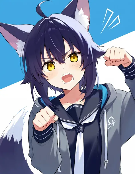 solo,original,fox ears,paw pose,open mouth,angry,teeth,