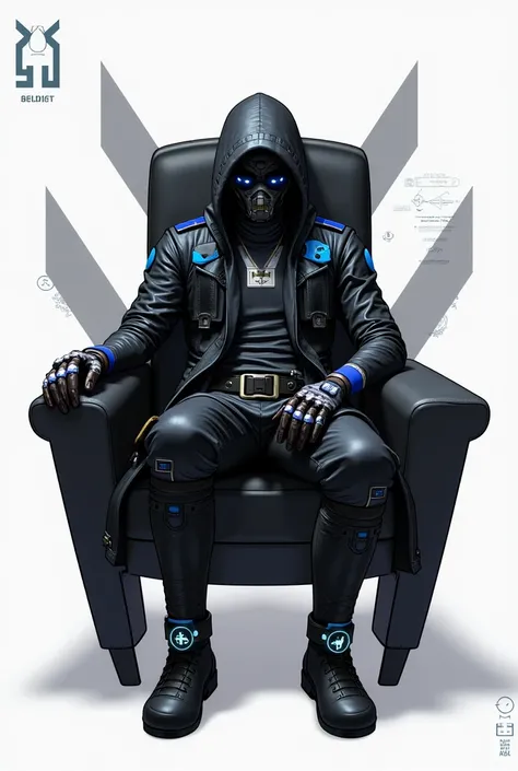 A stylized, futuristic character with a hood and a mask sits confidently in a sleek black chair. Dressed in a long, black coat with blue accents and numerous accessories, including gloves and boots adorned with glowing elements, the character exudes a high...