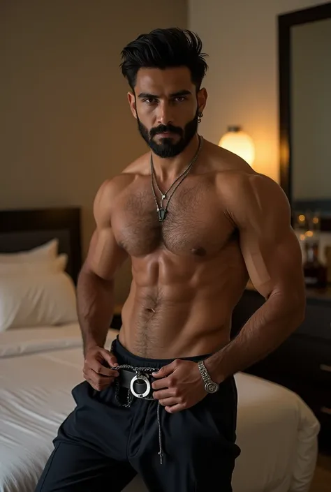 A highly muscular and well-defined Indian male model with a perfectly sculpted, toned physique,fair complexion. His broad, hairy chest, chiseled abs, and strong, defined arms radiate power and raw sex appeal. His muscles appear naturally toned and highly r...