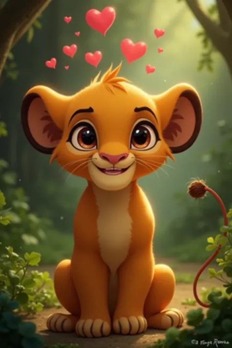 Nala bébé dans le roi lion avec des petits coeur au dessus de sa tête 