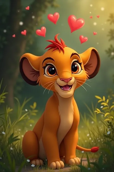 Nala bébé dans le roi lion avec des petits coeur au dessus de sa tête 