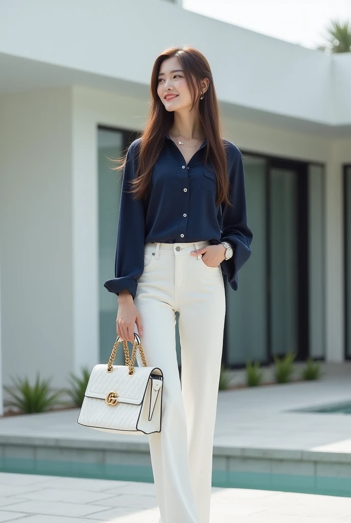 1 person real Korean beautiful woman of small stature caby long hair straight highlights ash ash unraveled pose holding branded bag Gucci ,,,navy blous shirt and long white jeans there are many buttons on the front accessories watches beautiful women gold ...