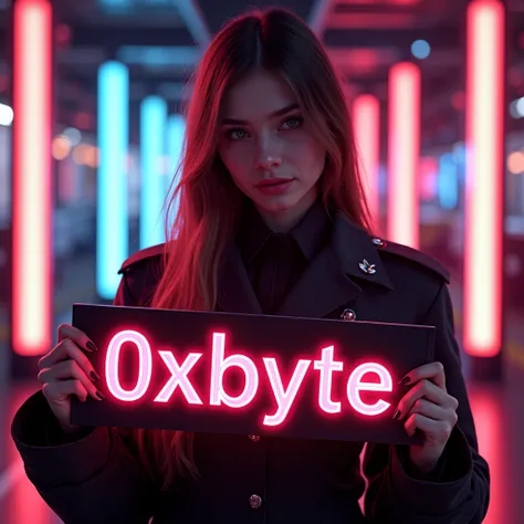 A stylish girl in military uniform stands out against the background of bright neon, вдохновленной вселенной Counter-Strike 2.  Her long hair elegantly touches her shoulders ,  and in her hands she holds a trendy sign with a large inscription  "0xbyte",  t...