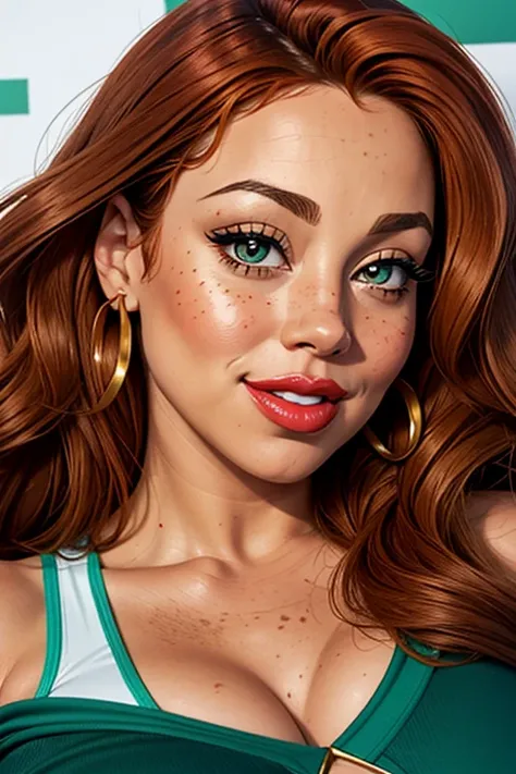 A beautiful female of mixed Irish and Latinx ancestry. The female's facial features are a combo of Mariah Carey + Gloria Estefan. The female sports long, thick, and curly medium-auburn hair that hangs loose about her shoulders. The female has freckles all ...