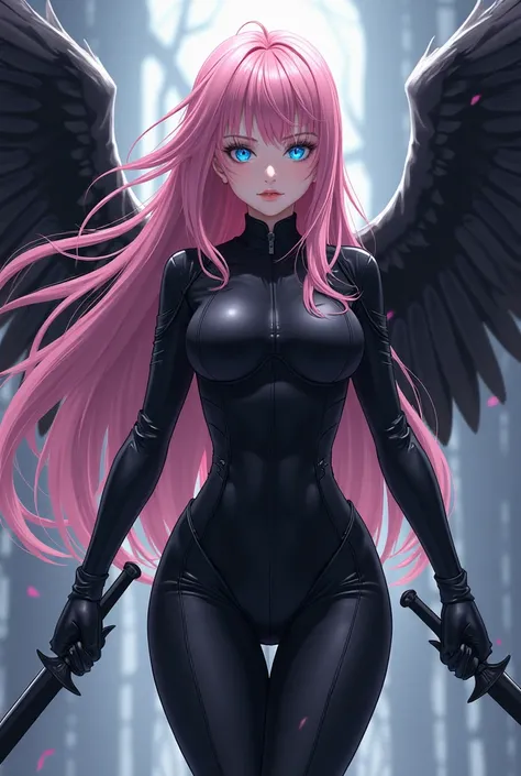 ( top quality,  best angle quality,  official art ,  whole body,  and aesthetics :1.2)  anime girl , Crow wings on the back,  blue eyes, long pink hair, Armadura preta, black shirt,  black pants,  holding two daggers .
