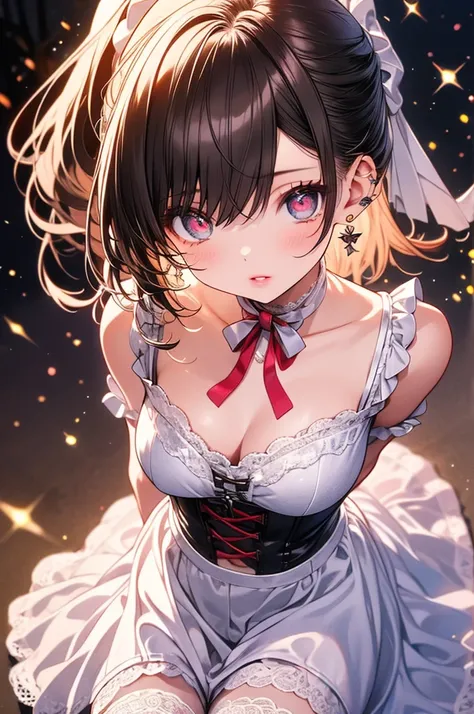 A beautiful girl in a corset and stockings walking down a catwalk, anime girl, 1girl, (20 years old girl), (aged up), a light skinned girl, lace hair bow, lace choker, earrings, blush, bright pupils, lips parted, red lips, glossy lips, detailed face, big r...