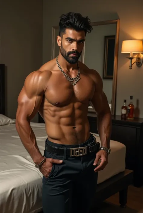 A highly muscular and well-defined Indian male model with a perfectly sculpted, toned physique,fair complexion. His broad, hairy chest, chiseled abs, and strong, defined arms radiate power and raw sex appeal. His muscles appear naturally toned and highly r...