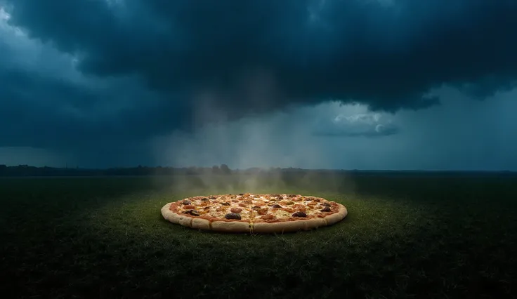 "A vast, empty field under a dark, stormy sky at dusk. The camera perspective zooms in slowly as a giant pizza begins to emerge in the center of the field, glowing slightly with steam rising. The atmosphere is eerie yet captivating, with low-hanging mist c...