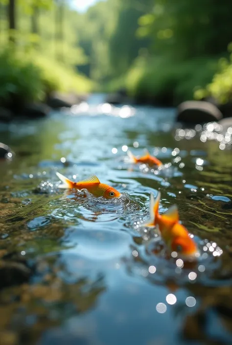 On a summer day, when you stand knee-deep in the shallow waters of a stream and look down at the water from above, you can see small fish sparkling in the clear, beautiful water. Realistic, Extreme Close-up, masterpiece, and ultra-high resolution reveal th...