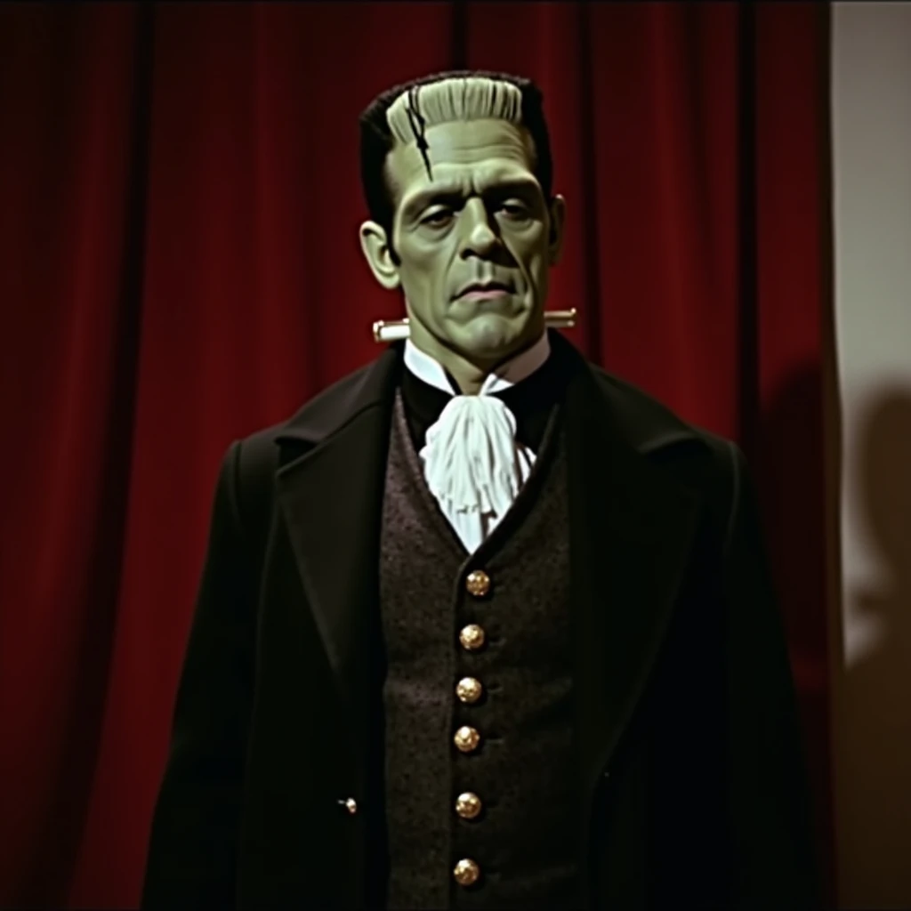 Frankenstein by James Whale , Boris Karloff.  She wears an 18th century ,  vest, golden buttons .  White 18th century shirt under the jacket, com black coat. He is standing , in an empty room,  with a red curtain in the background . 