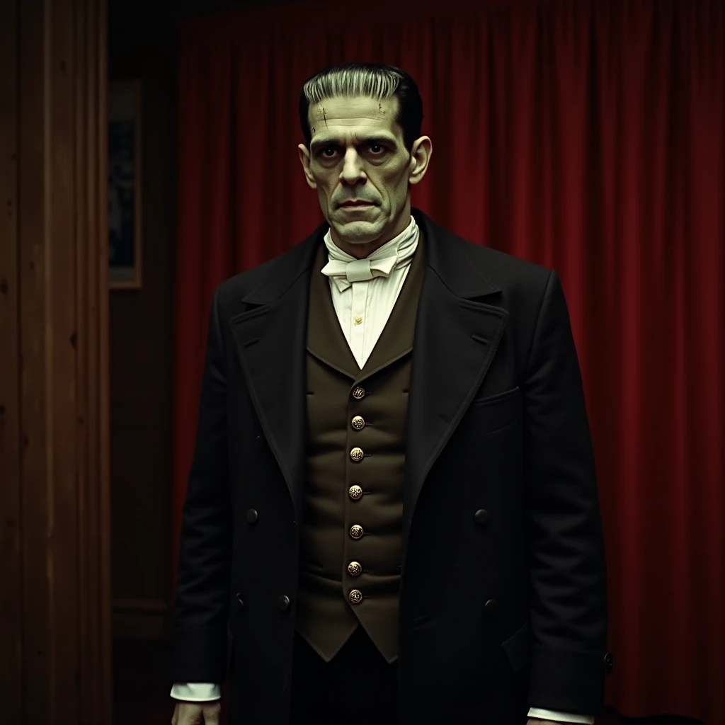 Frankenstein by James Whale , Boris Karloff.  She wears an 18th century ,  vest, golden buttons .  White 18th century shirt under the jacket, com black coat. He is standing , in an empty room,  with a red curtain in the background . 