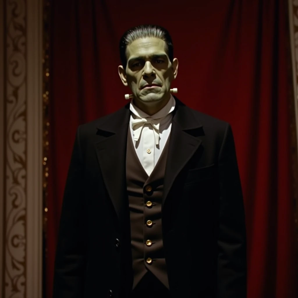 Frankenstein by James Whale , Boris Karloff.  She wears an 18th century ,  vest, golden buttons .  White 18th century shirt under the jacket, com black coat. He is standing , in an empty room,  with a red curtain in the background . 