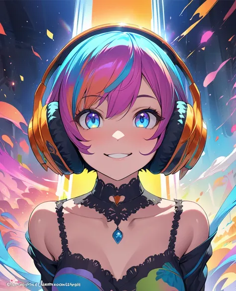 A detailed image taken by a professional photographer, Chocolate. Donuts. The paint is dripping. Full body shot, She is a kawaii idol. Big smile. Ａ headphones, Orange bob haircut. open shoulder. High quality, 8K Ultra HD, high detail, masterpiece, anime st...