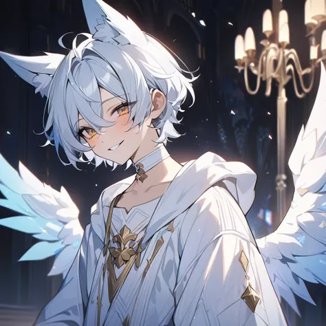 , the angel々）, cute boy, white shaped choker, (masterpiece, highest quality), winter art, beautiful and aesthetic: 1.2), (1 boy), very detailed, (ice castle art: 1.3), white black colorful, white short hair, gold eyes, fox ear, half body, angel wings, whit...