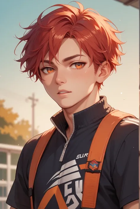 Boy. athlete. orange eyes,  red hair,  short hair.  cunning look, against the backdrop of the school 