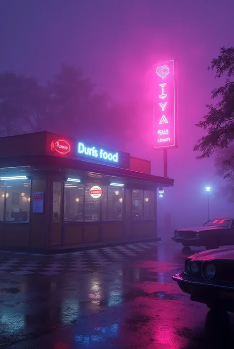 a retro fastfood restaurant with dark eerie purple fog