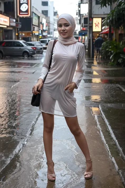 Young beautiful sweet sundanese Bogor city girl, twenty five years old, slim sexy body, very georgeus face,  descent mixed from sundanese and malay, only wearing  wet white thin hijab, all her  hairs and ears covered under her hijab,  no underwears, no pan...