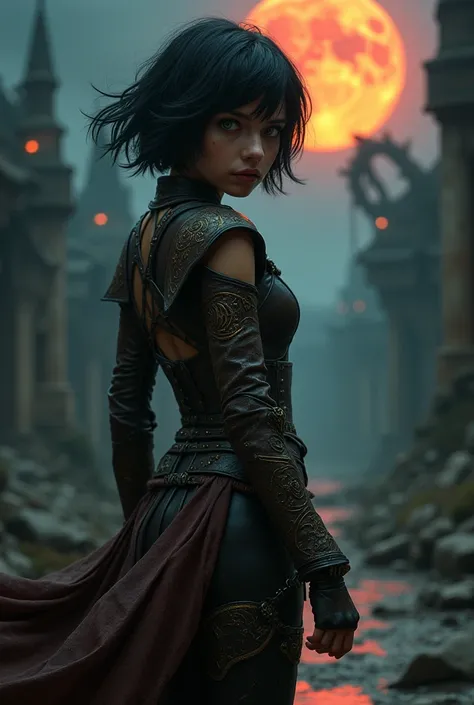 A girl, black short hair windswept to the side, green eyes, she is wearing a leather reinforced outfit dark brown sturdy leather carved with runes that glow. detailed hairstyle windswept to the side, revealing her perfect body, ancient ruined town, night, ...