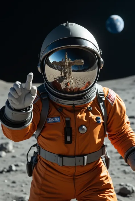  Close-up image in focus of a man dressed as an astronaut in an orange suit walking on the surface of the Moon in dark space, Do you have one of your arms stretched out trying to hold something ,  Perfect and detailed hands  ,  the helmet with a mirrored a...