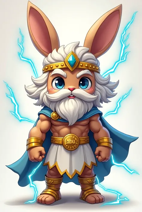 Chibi-style humanoid figure with a muscular, furry body, including arms and legs. Upright and strong posture. Face resembles Zeus, with thick, arched eyebrows, a prominent nose, and a long, wavy white beard. Large, round blue eyes with an intense gaze. Lar...