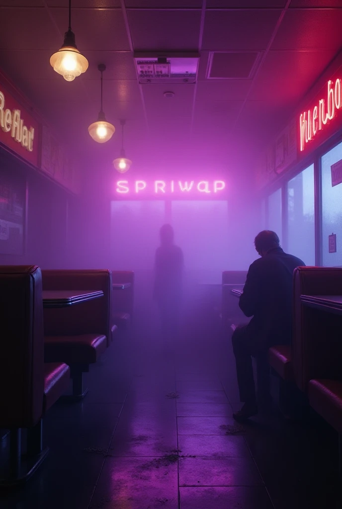 retro fastfood restaurant from inside with dark eerie purple fog