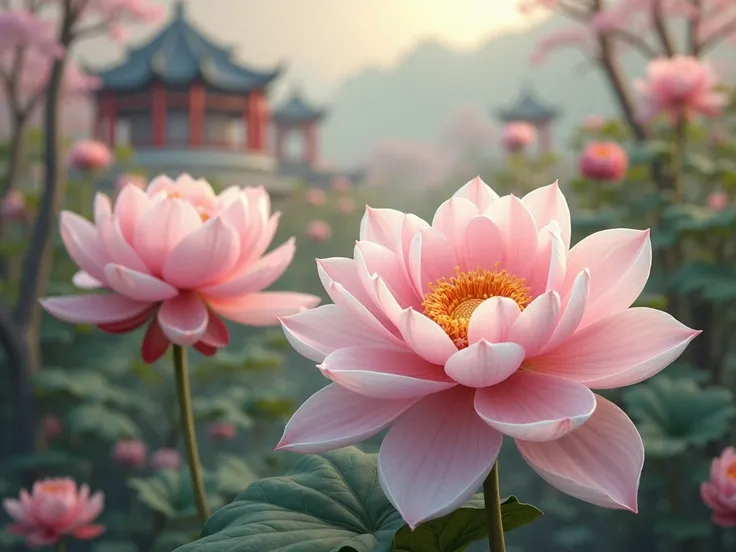 Delicate flowers，The background is lined with the scene of Biwa Zhu's death，Further away is the Deep Palace Forbidden Garden， and faded for a long time 