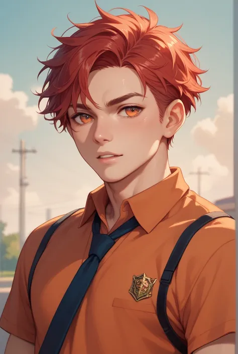 Boy. athlete. orange eyes,  red hair,  short hair.  cunning look, against the backdrop of the school 