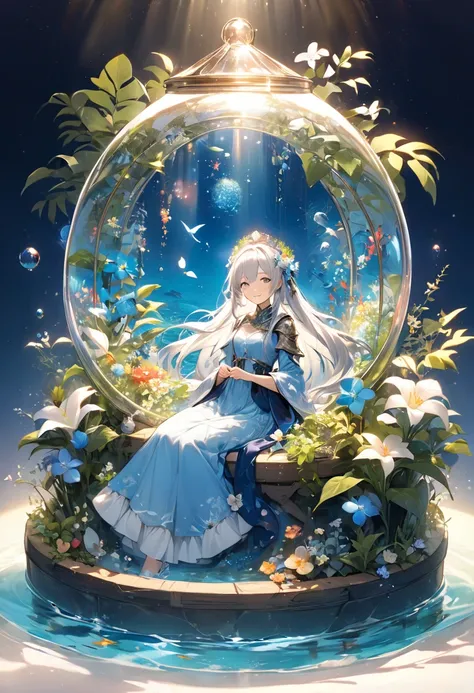  long silver hair －The woman who smiles、Sitting inside a round bottle made of magic glass 。Inside it is surrounded by lush plants and flowers 、 with fantastic blue light in the air 。 she is wearing a white and soft blue dress、I'm wearing a flower headpiece...