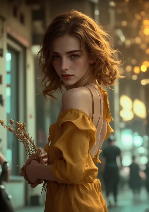 Young girl with wavy brown hair, wearing a mustard yellow dress with a simple and elegant design, standing in front of an old wooden wall, holding dried wild flowers in her hands, soft and charming expression, warm sunlight shining on her face and body, vi...