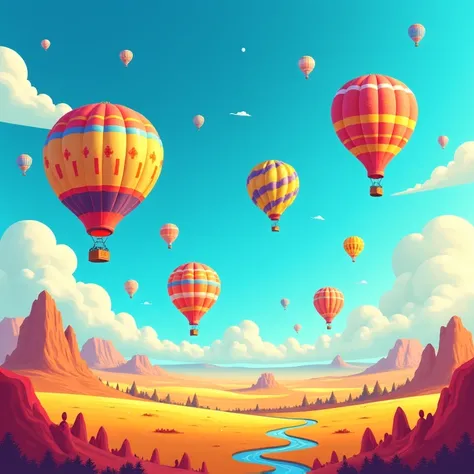 Create a wide-angle distant shot in Illustrator style. Each large and small balloon has beautiful patterns and colors. The background is a bright blue sky.