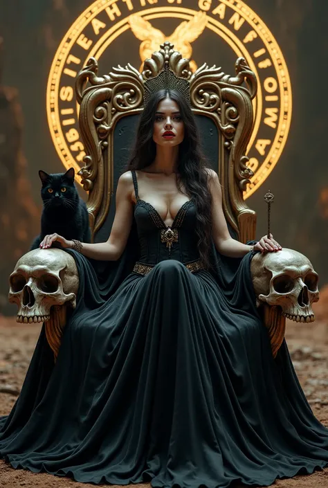  beautiful woman ,  dressed as a Witch queen ,  sitting on a large skull throne,  black dress, with deep neckline, a setro in her hand ,  next to her in a black cat ,  and behind her the gold of Horus , real photo, real photoista,  masterpiece, 8K, clear, ...