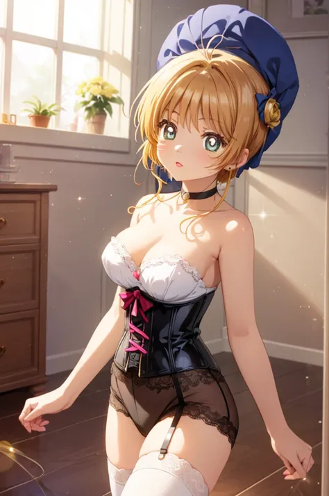 A beautiful girl in a corset and stockings walking down a catwalk, anime girl, 1girl, (20 years old girl), (aged up), a light skinned girl, lace hair bow, lace choker, earrings, blush, bright pupils, lips parted, red lips, glossy lips, detailed face, big r...