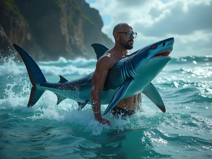  A sturdy, bald man ,  with clear glasses ,  is in shallow, crystalline ocean waters .  He merges with a majestic white shark ,  gaining shiny metallic skin ,  sharp flippers and a powerful tail .  Pulsing bioluminescent patterns cover their hybrid body , ...